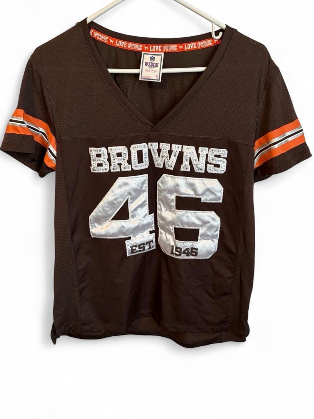 Victoria's Secret PINK Brown and Orange 'BROWNS 46' Jersey Top